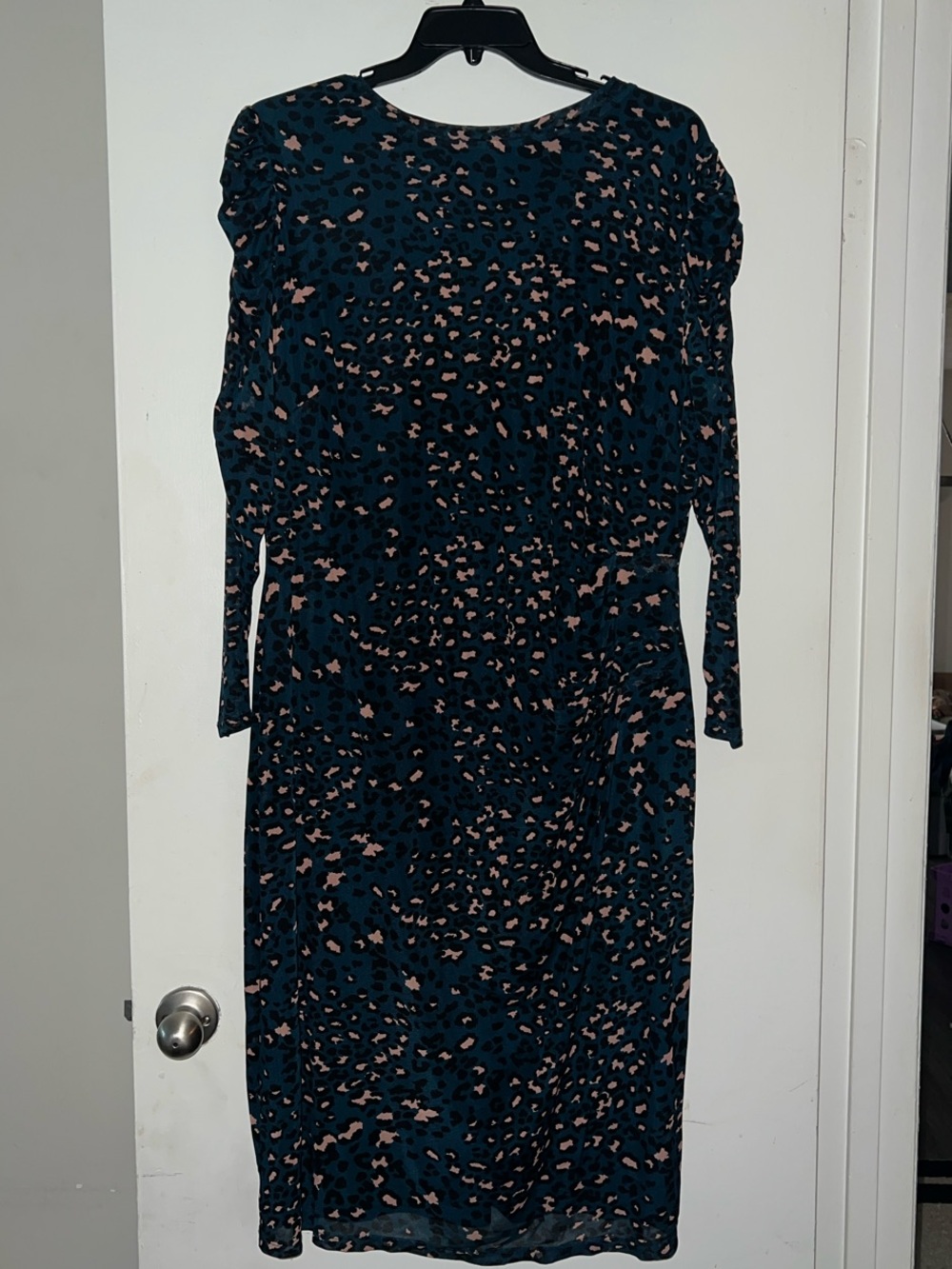 Nine West Long Sleeve Teal & Pink Leopard Midi Dress